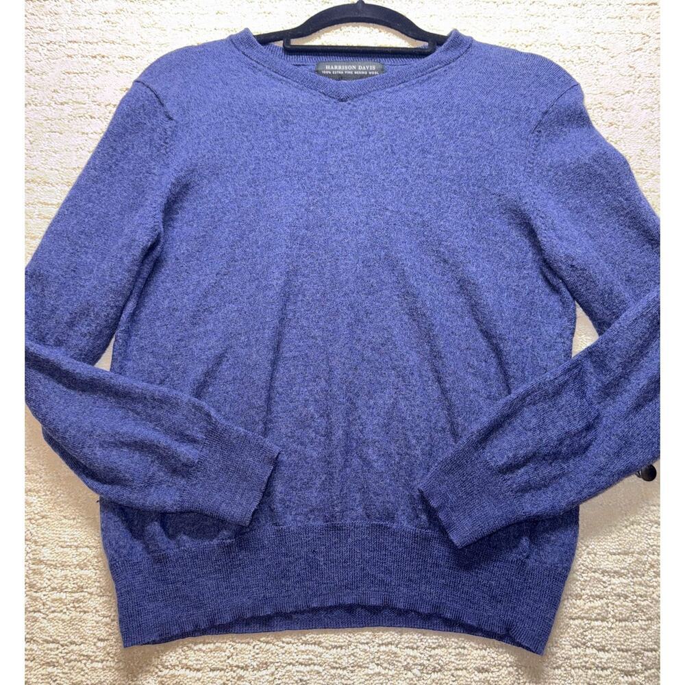 HARRISON DAVIS Men’s Medium Merino Wool V-Neck‎ Sweater Blue Pullover Knit